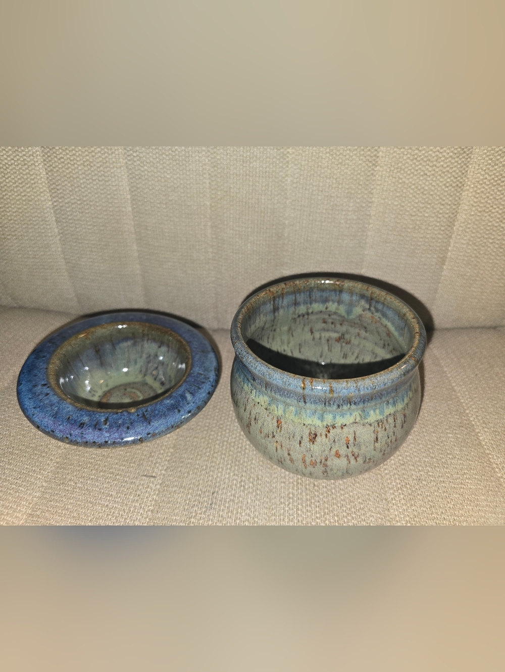 TOM'S THUMB POTTERY Lebanon Maine BLUE Glazed 2 PIECE Butter WARMER Dip COOLER